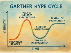 Man sieht den Graphen des Gartner Hype Cycle mit einer vereinfachten Beschreibung in Stil eines Aquarells.