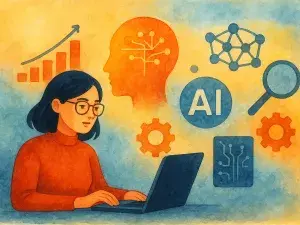 Ein Aquarell einer Person vor einem Laptop, im Hintergrund sind Symbole für Künstliche Intelligenz zu sehen.