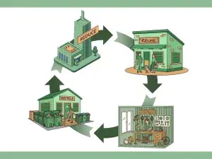Eine Skizze zeigt den Kreislauf von Rohstoffen und Produkten.