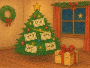 Die Zeichnung eines Weihnachtsbaums mit Aktien als Baumschmuck.