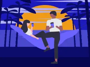 Illustration eines Pärchens auf einer Hängematte, im Hintergrund versinkt die Sonne im Meer.