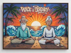 Illustration von einem Seniorenpaar am Strand bei Sonnenuntergang. Beide meditieren.