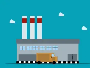 Illustration einer Fabrik und einem Lastwagen davor.
