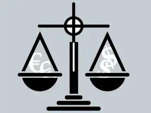 Die Illustration einer Waage. In der Waagschale links liegen Euro-Zeichen, in der Waagschale rechts Dollar-Zeichen.