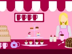 Illustration einer blonden Frau hinter einer Theke mit Kuchen und Kaffee im Angebot.