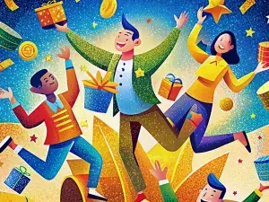 Illustration einer Gruppe von Menschen, auf die Geschenke und Geld herabregnen. Sie freuen sich sehr darüber. Alles ist sehr bunt.