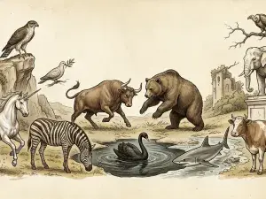 Klassische Zeichnung von einer Gruppe von Tieren, die im Blog-Eintrag erwähnt werden. U.a. ein Einhorn, Bulle, Bär, ein schwarzer Schwan etc.