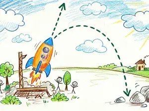 Illustration im Stil einer Kinderzeichnung, die ein Rakete zeigt, die gerade abhebt. Gestrichelte Linien deuten die zwei Richtungen an, in die sie fliegen könnte: steil nach oben oder in einer Kurve zurück auf den Boden.
