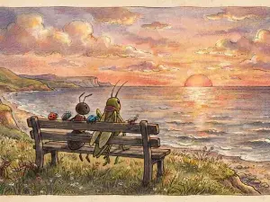 Illustration im Stil eines alten Kinderbuchs. Eine Ameise und eine Heuschrecke sitzen auf einer Bank am Meer und schauen sich den Sonnenuntergang an.