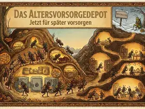 Die Grafik illustriert die Fabel von der Ameise und der Heuschrecke. Der Stil ist der einer Kinderbuch-Illustration um 1900. Die Überschrift lautet: Das Altersvorsorgedepot - jetzt für später vorsorgen.