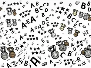 Ratingsymbole wie Buchstaben, Medaillen und Sterne schweben durch das Bild.