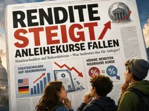 Illustration. Drei Teenager schauen auf die Schlagzeile "Rendite steigt, Anleihekurse fallen" und wundern sich.