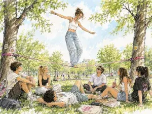 Zeichnung. In einem Park bei sommerlicher Stimmung balanciert ein Mädchen auf einer Slackline. Andere Jugendliche liegen entspannt im Gras und sehen ihr zu.