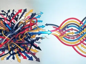 Illustration. Ein Knoten aus Pfeilen sortiert sich in geordnete Bahnen.