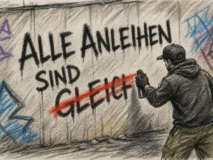 Illustration: Auf einer Wand steht der Spruch "Alle Anleihen sind gleich". Ein Sprayer übersprüht das Wort "gleich".