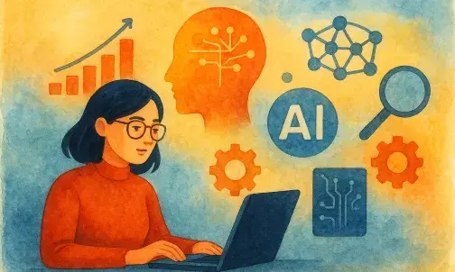 Ein Aquarell einer Person vor einem Laptop, im Hintergrund sind Symbole für Künstliche Intelligenz zu sehen.