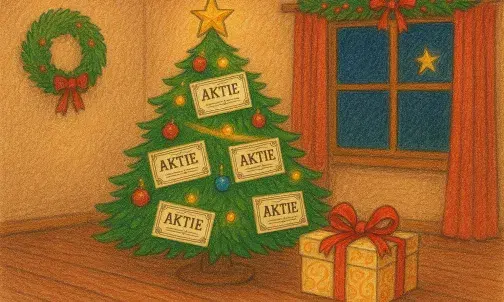 Die Zeichnung eines Weihnachtsbaums mit Aktien als Baumschmuck.