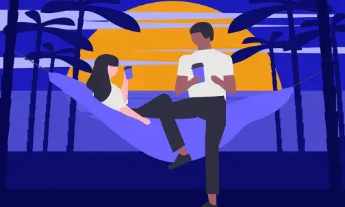 Illustration eines Pärchens auf einer Hängematte, im Hintergrund versinkt die Sonne im Meer.