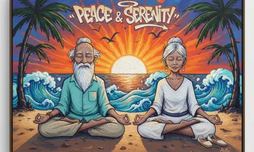 Illustration von einem Seniorenpaar am Strand bei Sonnenuntergang. Beide meditieren.