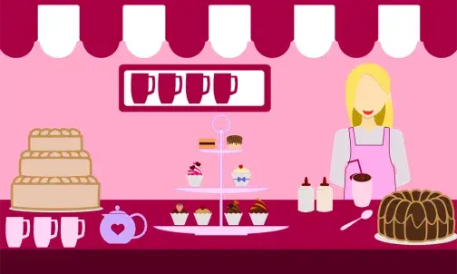 Illustration einer blonden Frau hinter einer Theke mit Kuchen und Kaffee im Angebot.