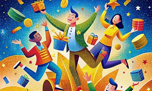 Illustration einer Gruppe von Menschen, auf die Geschenke und Geld herabregnen. Sie freuen sich sehr darüber. Alles ist sehr bunt.