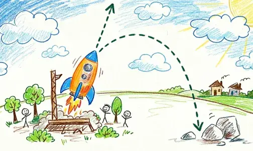 Illustration im Stil einer Kinderzeichnung, die ein Rakete zeigt, die gerade abhebt. Gestrichelte Linien deuten die zwei Richtungen an, in die sie fliegen könnte: steil nach oben oder in einer Kurve zurück auf den Boden.