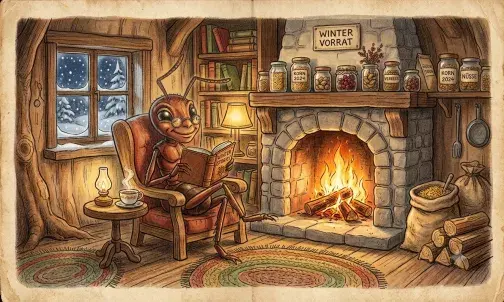 Eine Ameise sitzt gemütlich vor einem Kaminfeuer und liest ein Buch. Im Stil eines alten Kinderbuchs.