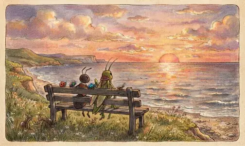 Illustration im Stil eines alten Kinderbuchs. Eine Ameise und eine Heuschrecke sitzen auf einer Bank am Meer und schauen sich den Sonnenuntergang an.