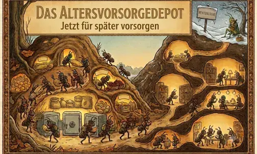 Die Grafik illustriert die Fabel von der Ameise und der Heuschrecke. Der Stil ist der einer Kinderbuch-Illustration um 1900. Die Überschrift lautet: Das Altersvorsorgedepot - jetzt für später vorsorgen.