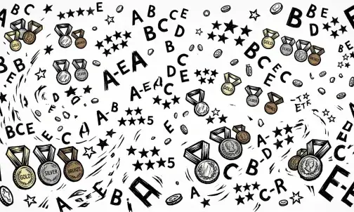 Ratingsymbole wie Buchstaben, Medaillen und Sterne schweben durch das Bild.