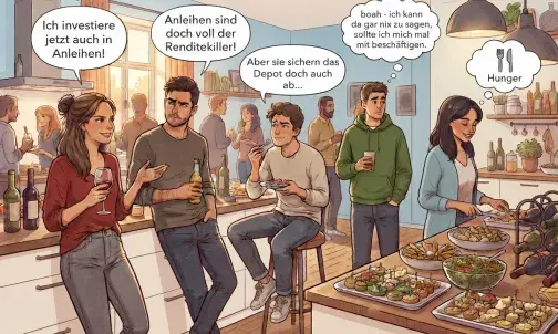 Illustration. Eine Partyszene in einer Küche. Personen unterhalten sich über Anleihen.
