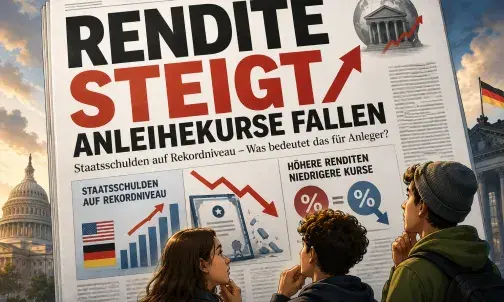 Illustration. Drei Teenager schauen auf die Schlagzeile "Rendite steigt, Anleihekurse fallen" und wundern sich.