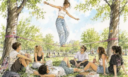 Zeichnung. In einem Park bei sommerlicher Stimmung balanciert ein Mädchen auf einer Slackline. Andere Jugendliche liegen entspannt im Gras und sehen ihr zu.
