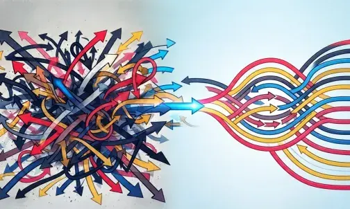 Illustration. Ein Knoten aus Pfeilen sortiert sich in geordnete Bahnen.