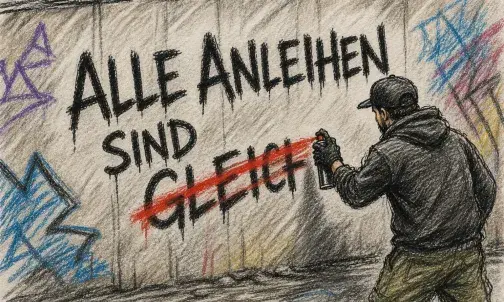Illustration: Auf einer Wand steht der Spruch "Alle Anleihen sind gleich". Ein Sprayer übersprüht das Wort "gleich".